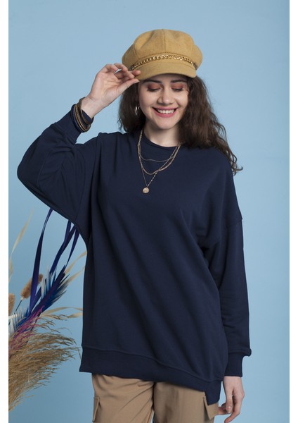 Lacivert Bisiklet Yaka Sweatshirt