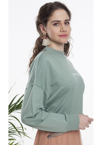 Su Yeşili Bisiklet Yaka Sweatshirt modelleri