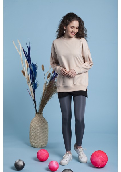 Toz Pembe Bisiklet Yaka Sweatshirt