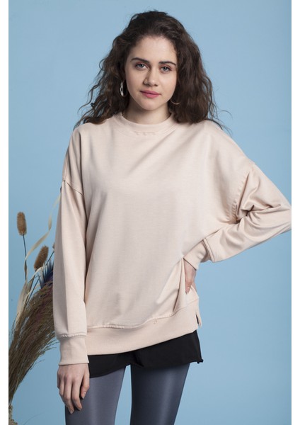 Toz Pembe Bisiklet Yaka Sweatshirt modelleri