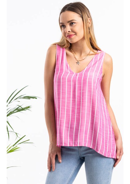 Pembe V Yaka Çizgili Bluz