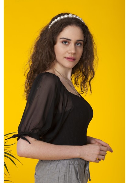 Siyah Kare Yaka Şifon Balon Kollu Bodysuit fiyatları