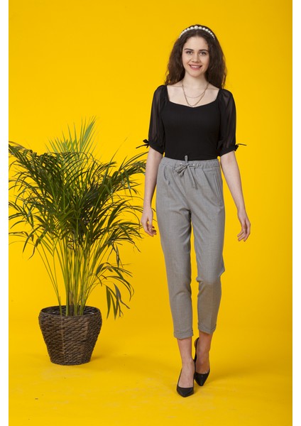 Siyah Kare Yaka Şifon Balon Kollu Bodysuit modelleri