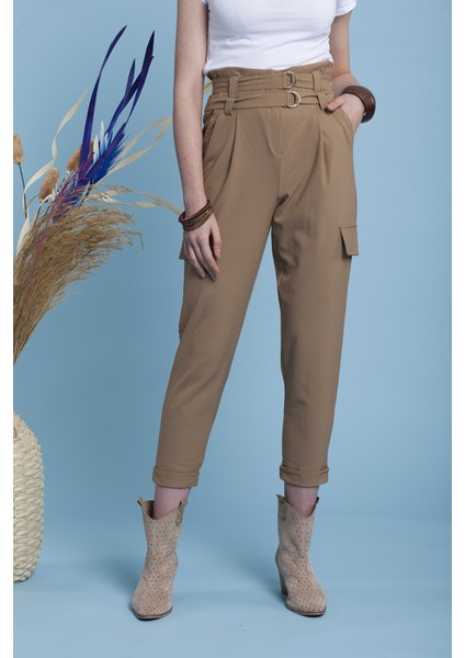 Camel Rengi Çift Kemerli Yanı Cepli Kargo Pantolon