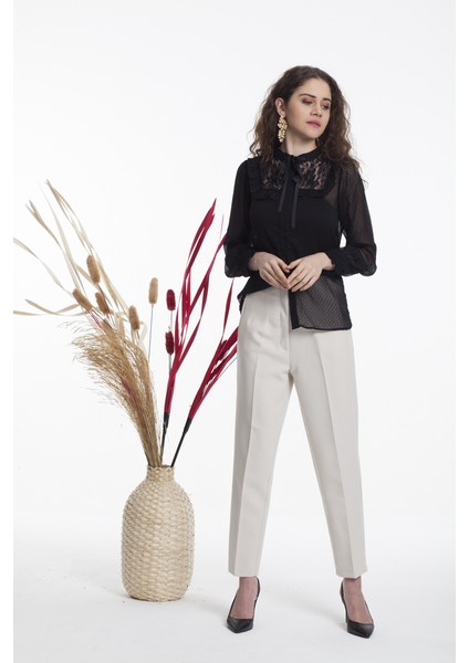 Ekru Biyeli Yüksek Bel Kumaş Pantolon