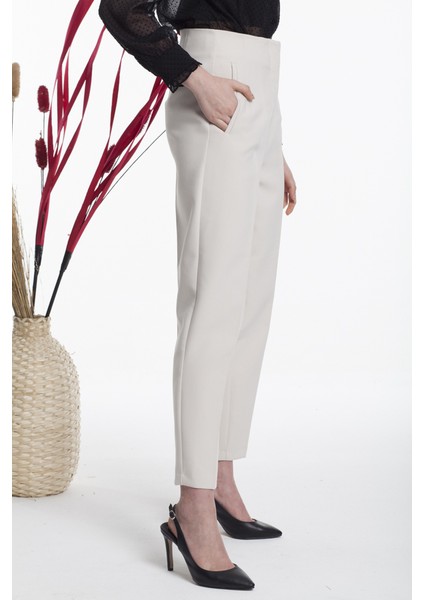 Ekru Biyeli Yüksek Bel Kumaş Pantolon modelleri