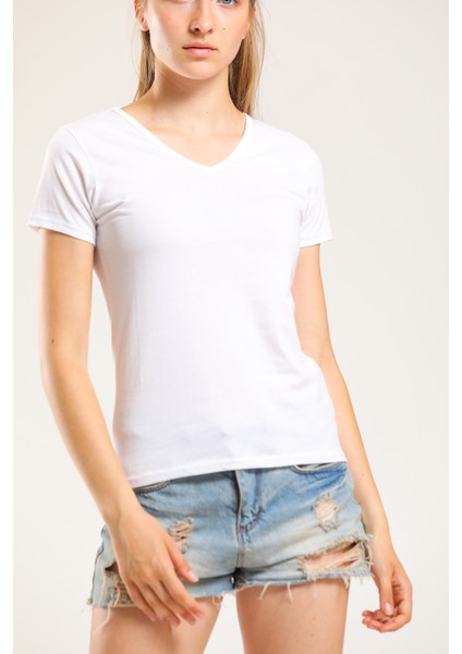 Beyaz V Yaka Basic Tshirt modelleri