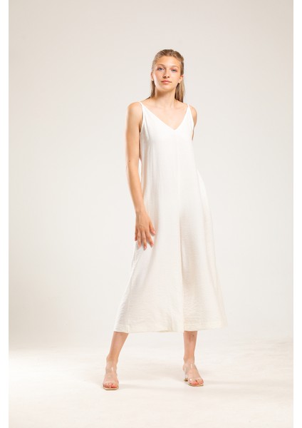 Ekru Askılı Salaş Geniş Kesim Tulum