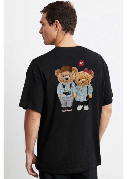 Cute Coupletedy Bear Siyah Ön Arka Oversize Tshirt fiyatları