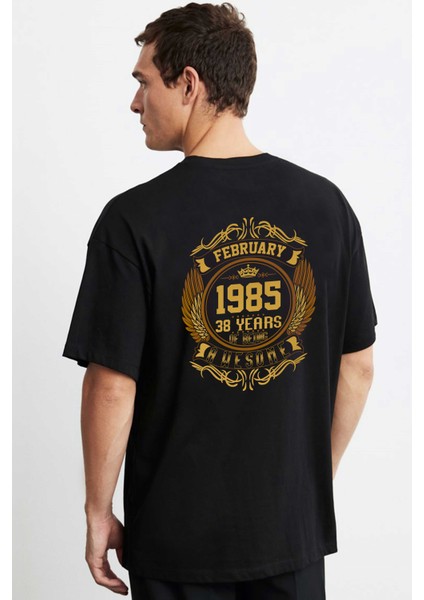 Vintage Gold Awesome Series February 1985 Siyah Ön Arka Oversize Tshirt fiyatları