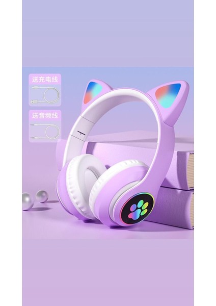 Kedi Kulaklık LED Işıklı Aux Girişli Bluetooth Mikrofonlu Hafıza Kartı Girişli Kulaklık