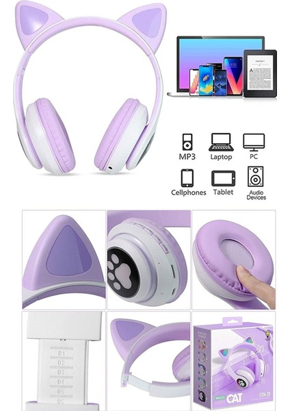 Kedi Kulaklık LED Işıklı Aux Girişli Bluetooth Mikrofonlu Hafıza Kartı Girişli Kulaklık modelleri