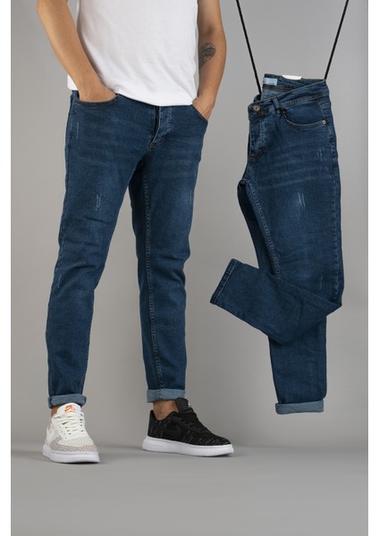 Erkek Slim Fit Dar Kesim Tırnaklı Kot Pantolon Mavi
