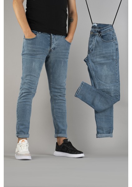 Erkek Slim Fit Dar Kesim Tırnaklı Kot Pantolon Buz Mavisi