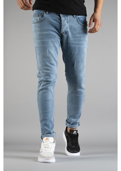 Erkek Slim Fit Dar Kesim Tırnaklı Kot Pantolon Buz Mavisi fırsatları