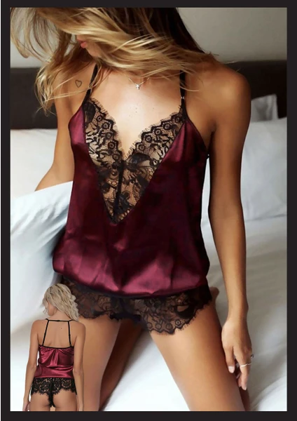 Loe Tiessi Kadın Bordo Dantel Detaylı Fantezi Gecelik Erotik Sexy Babydoll Yeni Model Elbise