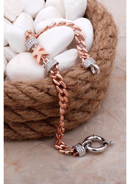 K Harfli Gurmet Rose Gümüş Bileklik 4071