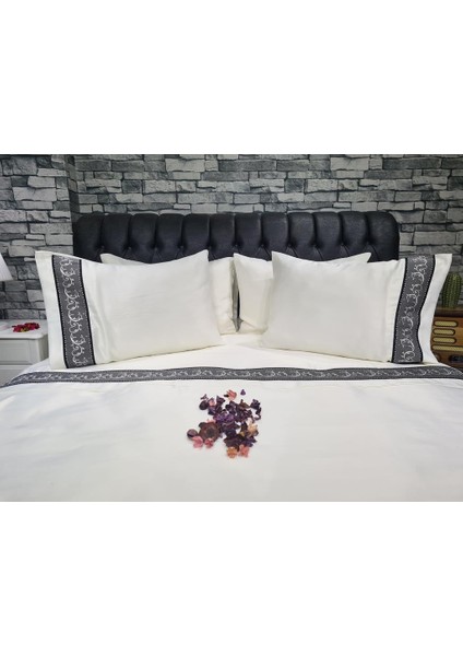 Orkide Pamuk Saten Nevresim Takımı Krem Siyah