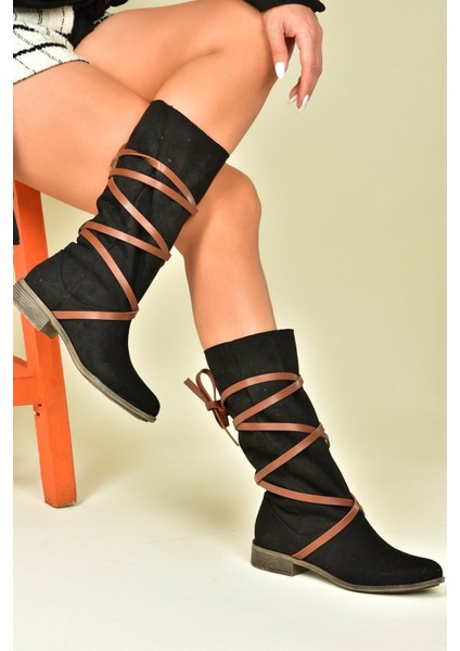 Siyah/taba Süet Deri Bağlama Detaylı Kadın Çizme N973848002