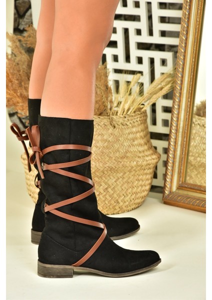Siyah/taba Süet Deri Bağlama Detaylı Kadın Çizme N973848002 fiyatları