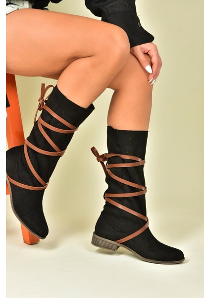 Siyah/taba Süet Deri Bağlama Detaylı Kadın Çizme N973848002 modelleri