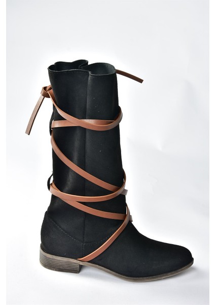 Siyah/taba Süet Deri Bağlama Detaylı Kadın Çizme N973848002 fırsatları