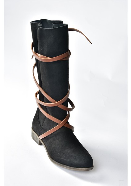 Siyah/taba Süet Deri Bağlama Detaylı Kadın Çizme N973848002 indirimleri