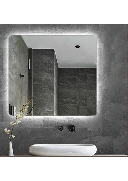 70*70 Beyaz Ledli Ayna Kare Banyo Aynası Makyaj Aynası