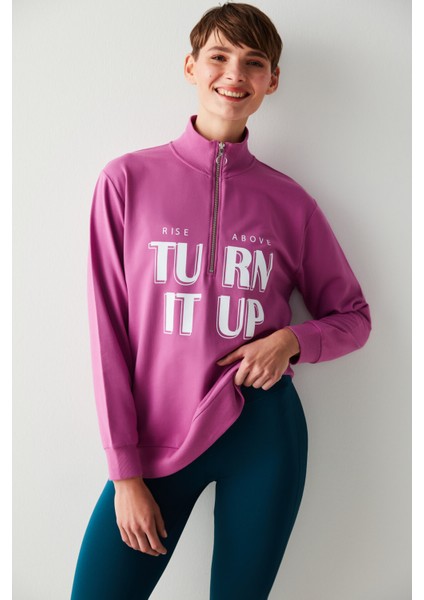 Baskılı Önden Fermuarlı Sweatshirt