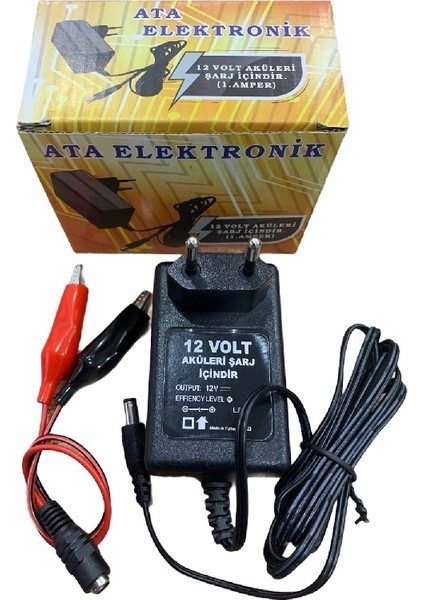 Ata Elektronik 12 Volt 12 Amper Akü 12V 12AH 20HR Çocuk Oyuncak Akülü Araçlar Için Ups Için Asansör Için + Şarj Cihazı 1 Amper Şarz Aleti Adaptör 2li Set