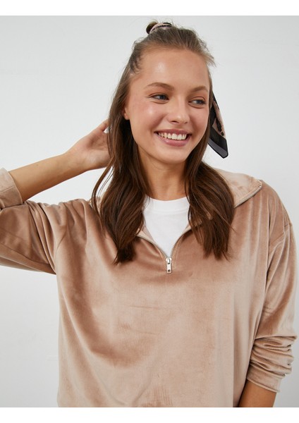 Dik Yaka Pijama Üstü Kadife Fermuarlı