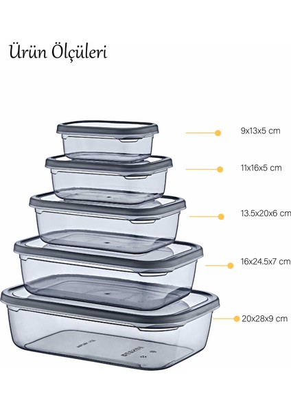 5 Adet Dikdörtgen Sızdırmaz Hava Almaz Erzak Saklama Kabı Füme- (350 ML+670 Ml+ 1,2 Lt+2 Lt+3,2 Lt)
