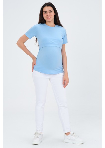 Hamile Emzirme Detaylı Kısa Kollu T-Shirt Mavi