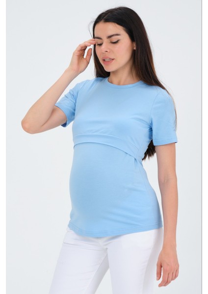 Hamile Emzirme Detaylı Kısa Kollu T-Shirt Mavi fiyatları