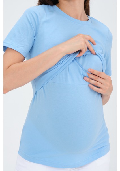Hamile Emzirme Detaylı Kısa Kollu T-Shirt Mavi fırsatları
