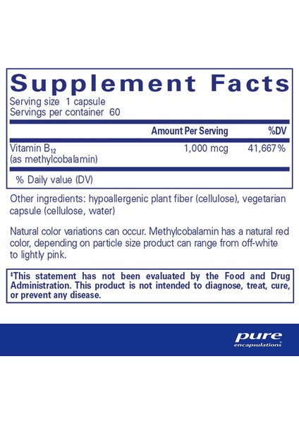 Pure Encapsulatins Vitamin B12 Methylcobalamin 1000mcg Hypoallergenic 60 Vegetarian Kapsül B12 Vitamini Metilkobalamin Abd'den