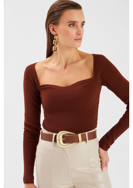 Kalp Yaka Triko Bluz - Kahve fiyatları