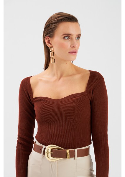 Kalp Yaka Triko Bluz - Kahve modelleri