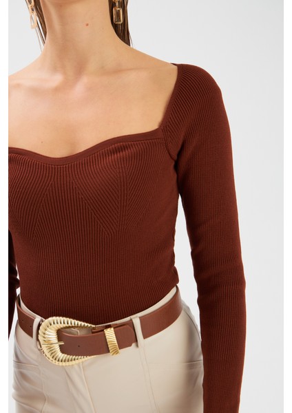 Kalp Yaka Triko Bluz - Kahve fırsatları