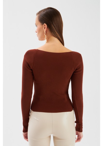 Kalp Yaka Triko Bluz - Kahve indirimleri