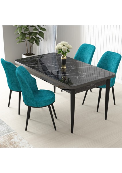 Concept Nil Serisi, Siyah Mermer Desen Masa 70X110 Sabit Yemek Masası Takımı, 4 Sandalye