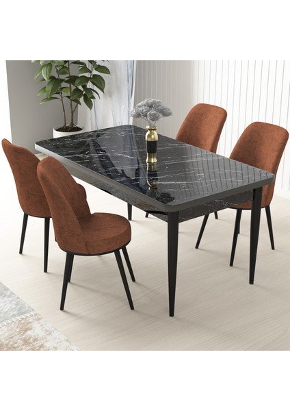 Concept Nil Serisi, Siyah Mermer Desen Masa 70X110 Sabit Yemek Masası Takımı, 4 Sandalye