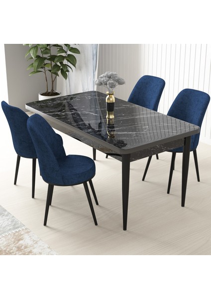 Concept Nil Serisi, Siyah Mermer Desen Masa 70X110 Sabit Yemek Masası Takımı, 4 Sandalye