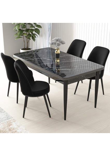 Concept Nil Serisi, Siyah Mermer Desen Masa 70X110 Sabit Yemek Masası Takımı, 4 Sandalye