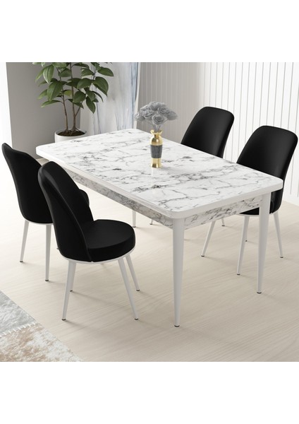 Concept Nil Serisi beyaz Mermer Desen 70 x 110 cm Sabit Yemek Masası Takımı Masa 4 Sandalye