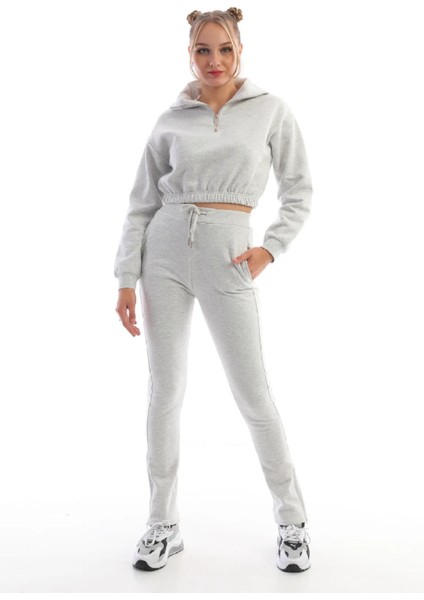 Dik Yaka Crop Sweatshirt Kadın Eşofman Takım Gri Melanj
