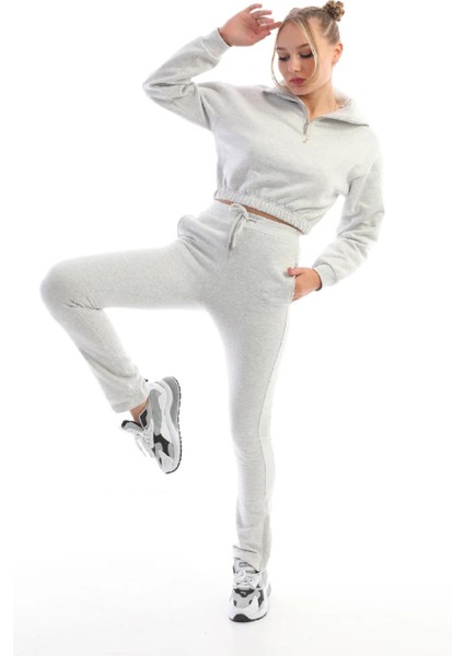 Dik Yaka Crop Sweatshirt Kadın Eşofman Takım Gri Melanj fiyatları