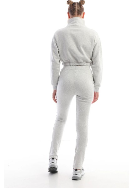 Dik Yaka Crop Sweatshirt Kadın Eşofman Takım Gri Melanj fırsatları