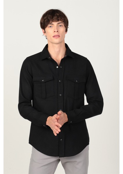Slim Fit Uzun Kollu Kışlık Oduncu Çift Cep Kapaklı Düz Unisex Siyah Gömlek