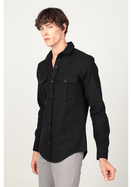 Slim Fit Uzun Kollu Kışlık Oduncu Çift Cep Kapaklı Düz Unisex Siyah Gömlek